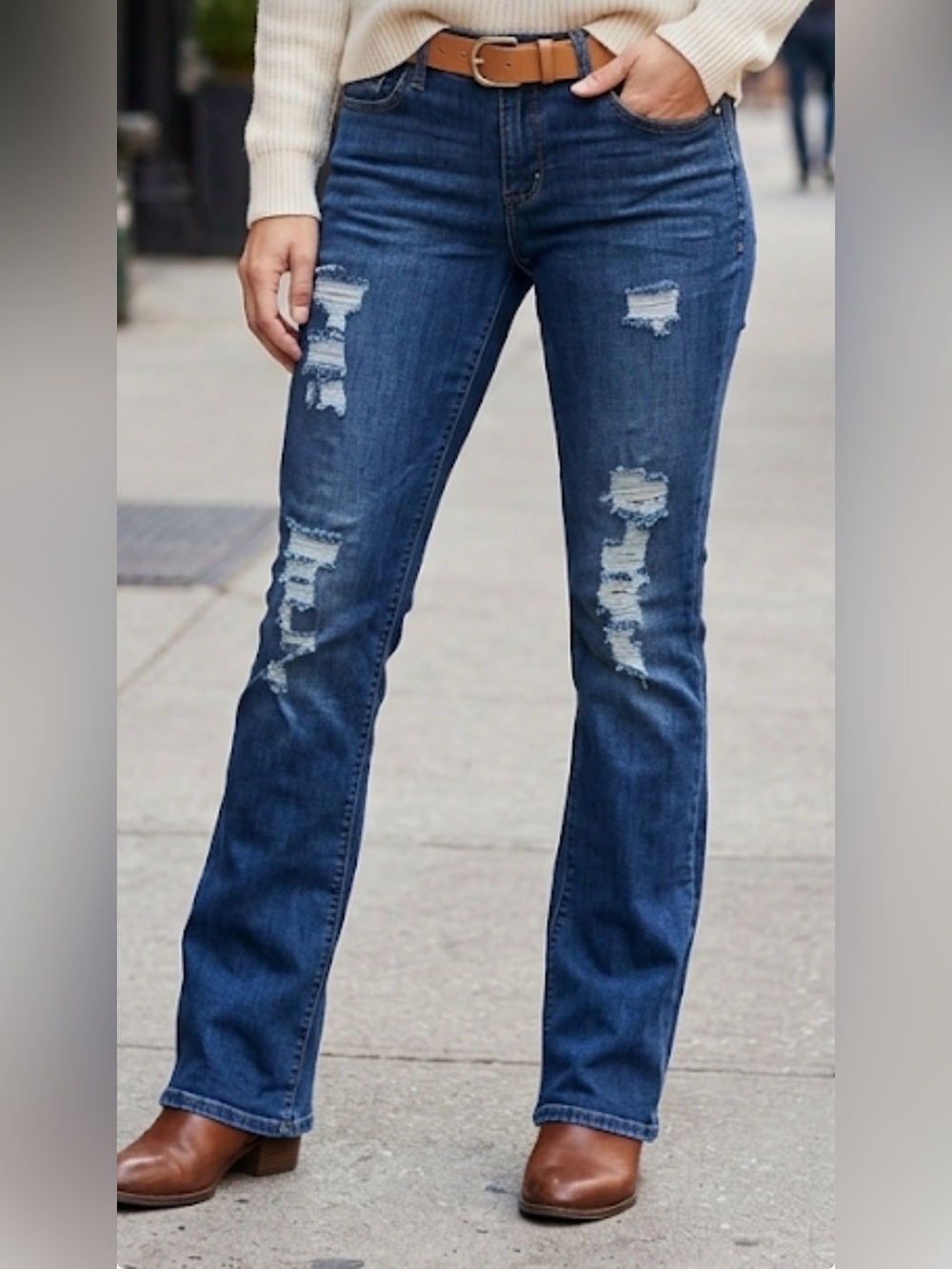 Express Barely Boot Mid Rise Distressed Jeans Size 8R Dark Wash Stretch